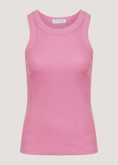 Pink High Neck Ribbed Vest Top