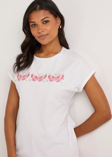 White Butterfly Print T-Shirt