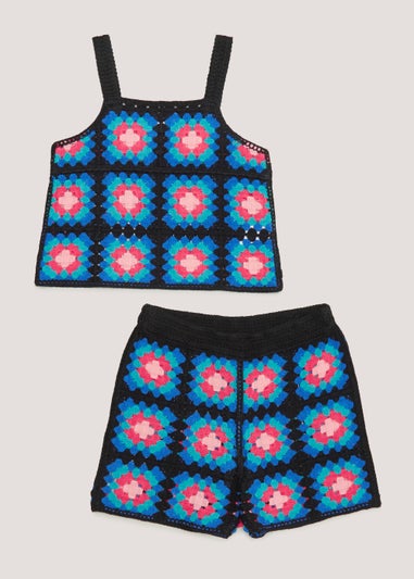 Girls Black Crochet Look Cami & Shorts Set (4-13yrs)