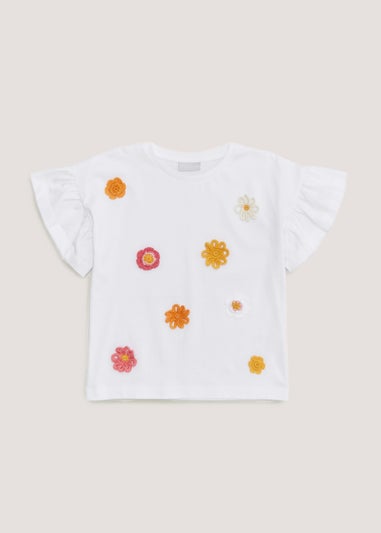 Girls White Crochet Flower T-Shirt (4-13yrs) - Matalan