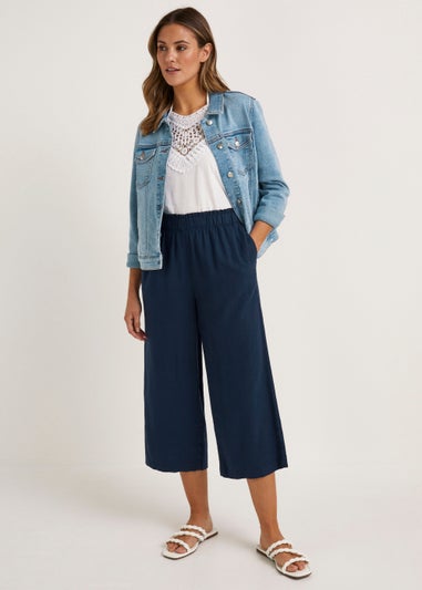 Navy Linen Blend Wide Leg Cropped Trousers