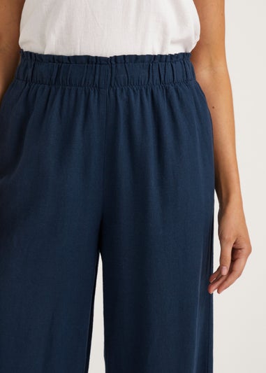 Navy Linen Blend Wide Leg Cropped Trousers