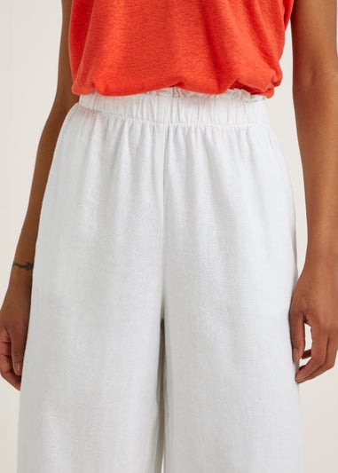 White Linen Blend Wide Leg Cropped Trousers