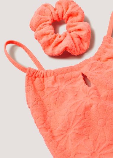 Girls Coral Floral Towelling Swimming Costume & Scrunchie Set (4-13yrs)