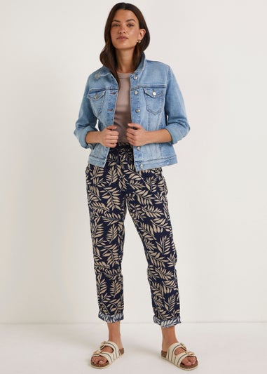 Navy Print Linen Blend Tapered Trousers