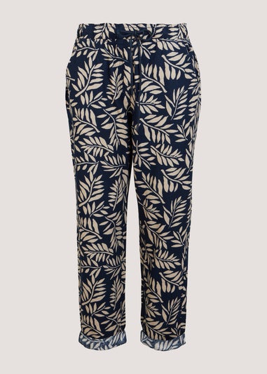 Navy Print Linen Blend Tapered Trousers