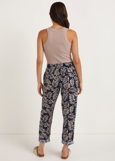 Navy Print Linen Blend Tapered Trousers