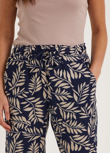 Navy Print Linen Blend Tapered Trousers