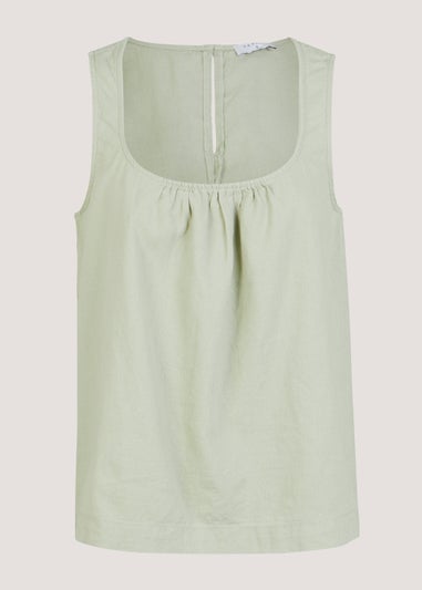 Green Linen Blend Gathered Top