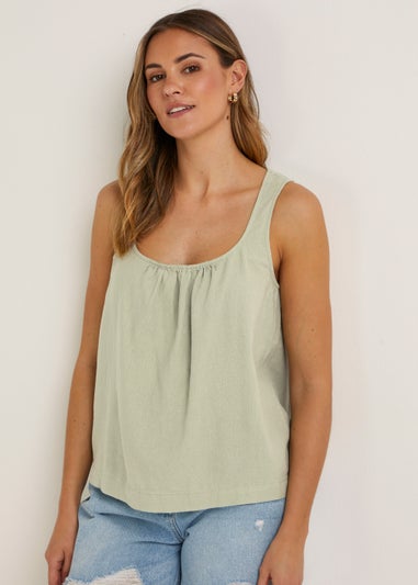Green Linen Blend Gathered Top