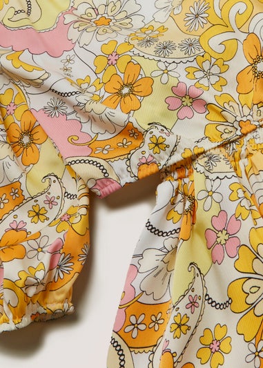 Girls Yellow Floral Satin Top & Skirt Set (4-13yrs)
