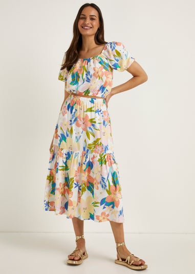 Multicoloured Floral Linen Blend Co-Ord Midi Skirt
