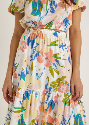 Multicoloured Floral Linen Blend Co-Ord Midi Skirt