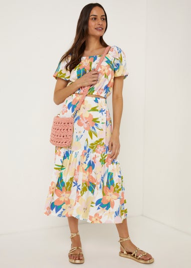 Multicoloured Floral Linen Blend Co-Ord Midi Skirt