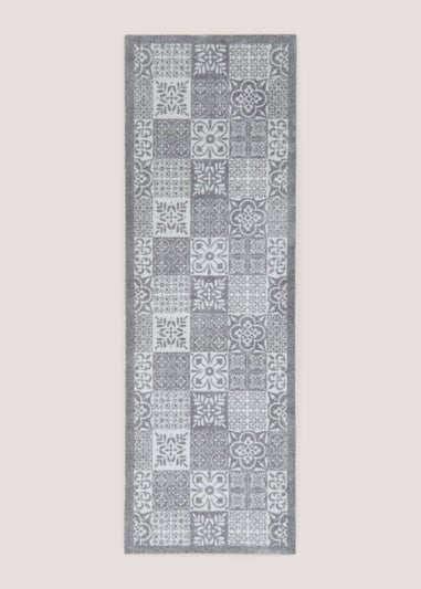 Grey Tile Print Runner Washable Muddle Mat (50cm x 150cm)