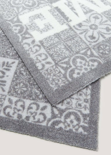 Grey Tile Print Runner Washable Muddle Mat (50cm x 150cm)