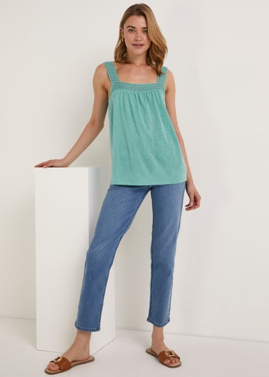 Green Square Neck Woven Vest Top