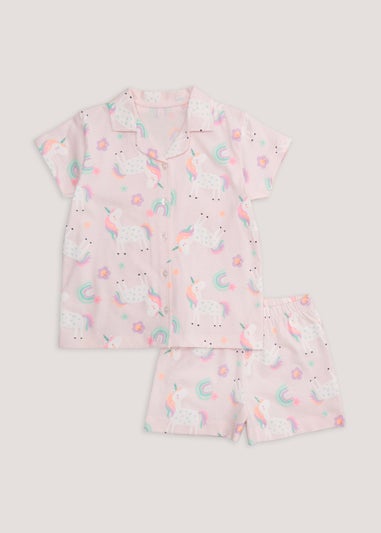 Girls Pink Unicorn Button Up Short Pyjama Set (9mths-6yrs)