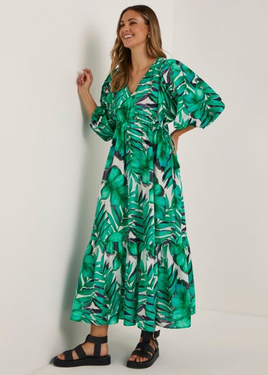 Green Palm Print Midaxi Dress