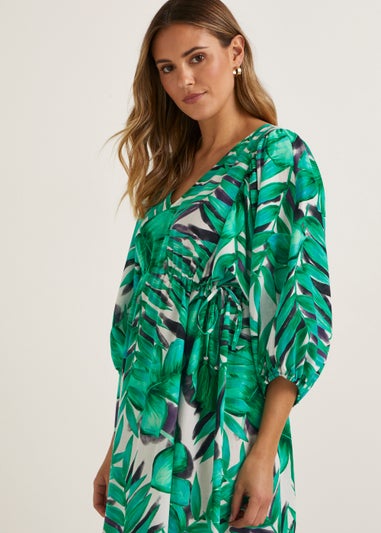 Green Palm Print Midaxi Dress