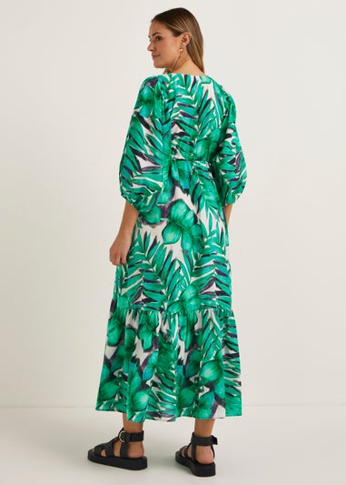 Green Palm Print Midaxi Dress