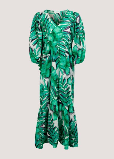 Green Palm Print Midaxi Dress