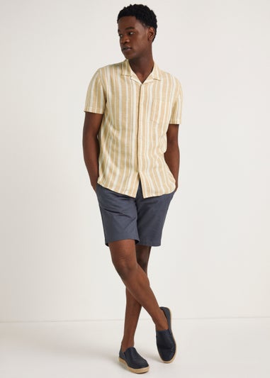 Ecru Stripe Print Linen Blend Short Sleeve Shirt