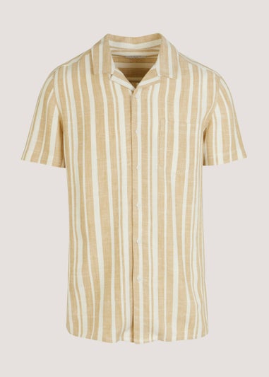 Ecru Stripe Print Linen Blend Short Sleeve Shirt