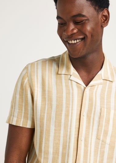 Ecru Stripe Print Linen Blend Short Sleeve Shirt