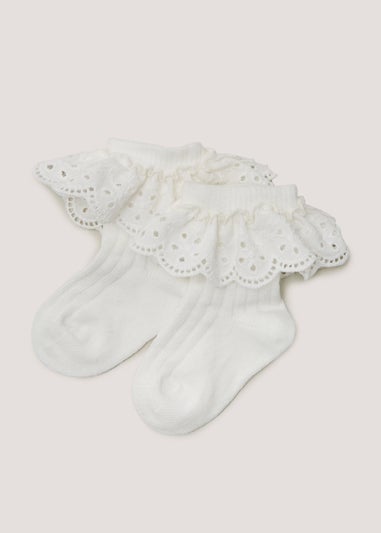 2 Pack Cream Schiffli Frill Baby Socks (Newborn-12mths)