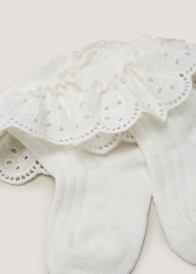 2 Pack Cream Schiffli Frill Baby Socks (Newborn-12mths)
