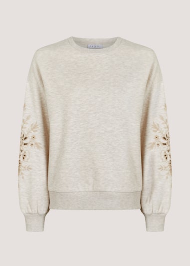 Oatmeal Embroidery Sleeve Sweatshirt