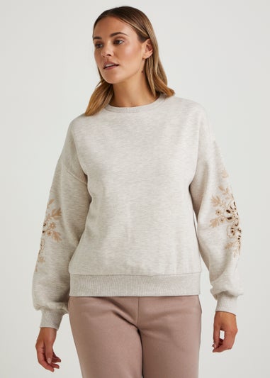 Oatmeal Embroidery Sleeve Sweatshirt