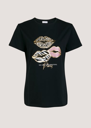 Papaya Petite Black Lips Slogan T-Shirt