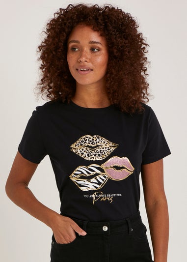 Papaya Petite Black Lips Slogan T-Shirt