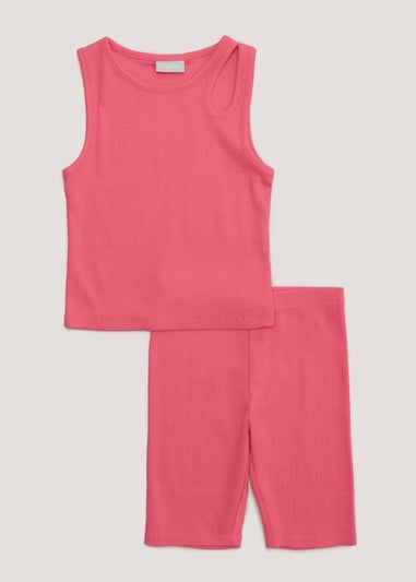 Girls Pink Ribbed Vest & Cycling Shorts Set (4-13yrs)