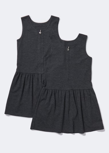 Girls 2 Pack Grey Zip Front Jersey Pinafores (2-9yrs)