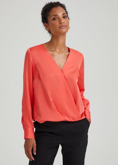 Et Vous Coral Satin Wrap Blouse