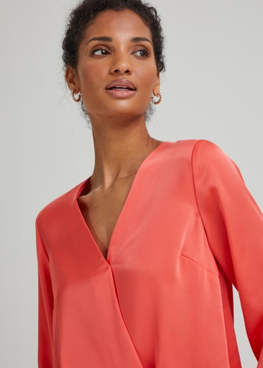 Et Vous Coral Satin Wrap Blouse