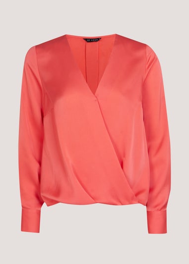 Et Vous Coral Satin Wrap Blouse