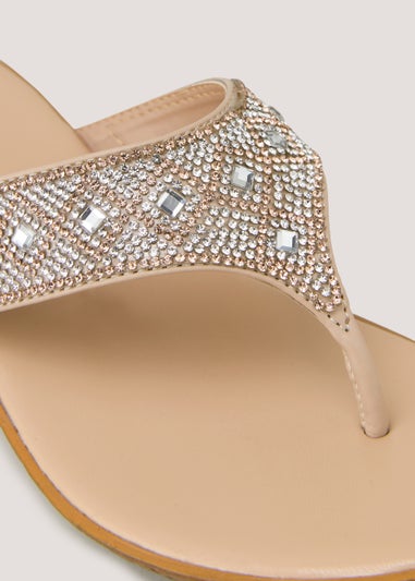 Soleflex Nude Diamante Toe Post Wedges