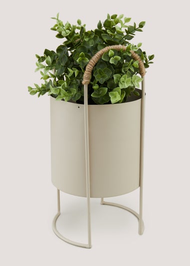 Cream Metal Planter with Woven Handles (36.5cm x 18.5cm x 18cm)