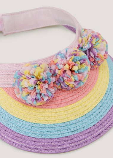 Girls Pink Rainbow Pom Pom Straw Visor (3-10yrs)