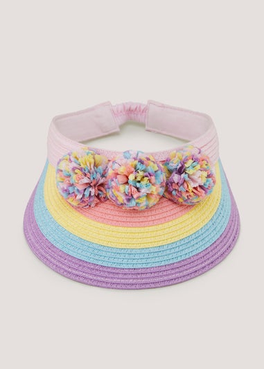 Girls Pink Rainbow Pom Pom Straw Visor (3-10yrs)