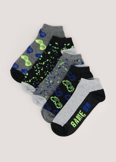 Boys 5 Pack Black Gamer Trainer Socks (Younger 6-Older 6.5)