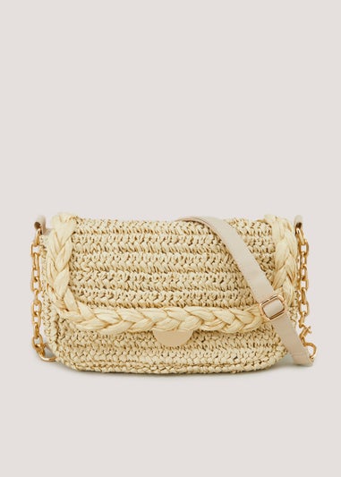 Natural Raffia Fold Over Crossbody Bag