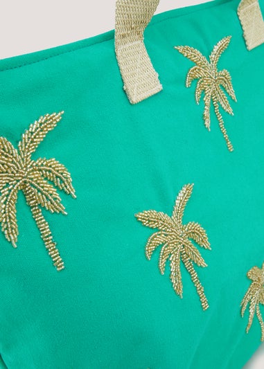 Green Beaded Palm Tree Beach Bag