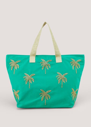 Green Beaded Palm Tree Beach Bag