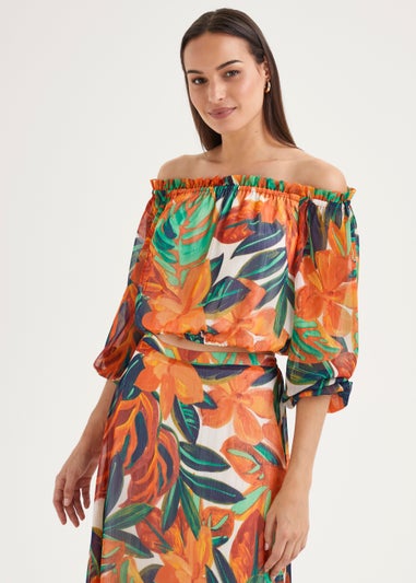 Et Vous Orange Leaf Print Bardot Blouse