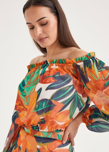 Et Vous Orange Leaf Print Bardot Blouse